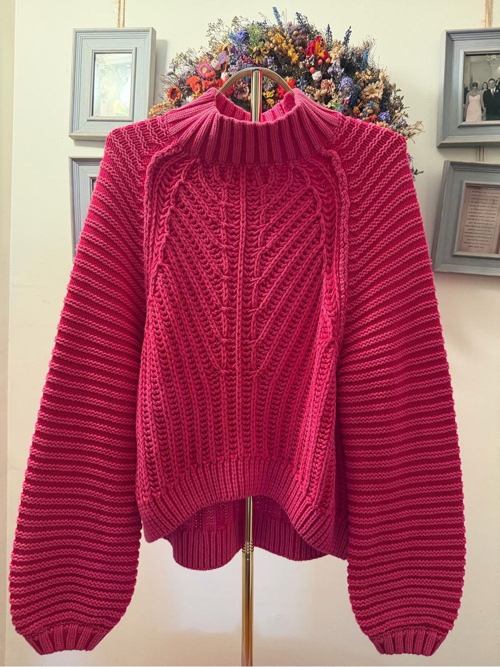 Free People Hot Pink Cable Knit Turtleneck Sweater